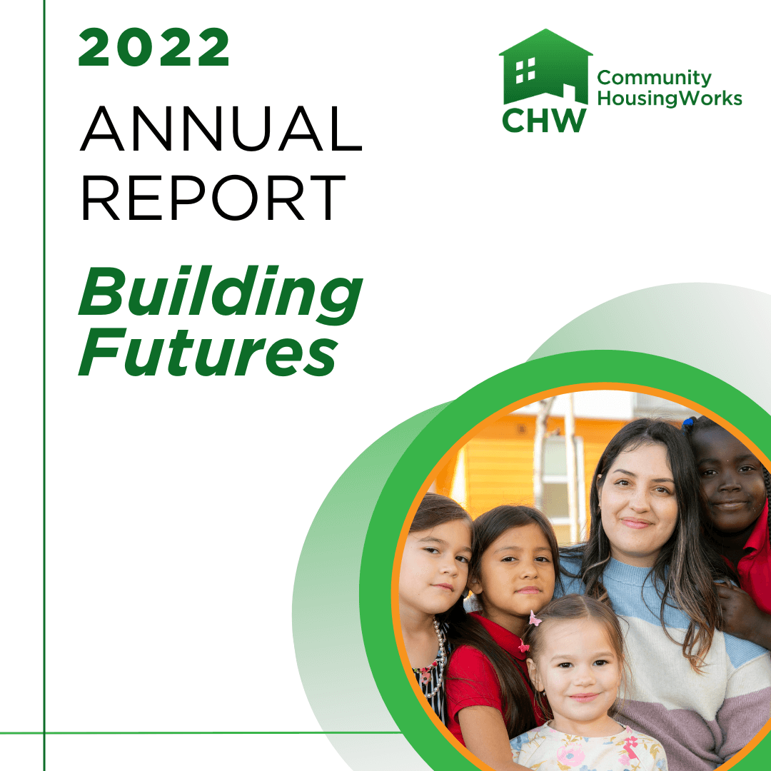 Image of a document with a photo of kids and a teacher. Text: "2022 Annual Report Building Futures" Community HousingWorks